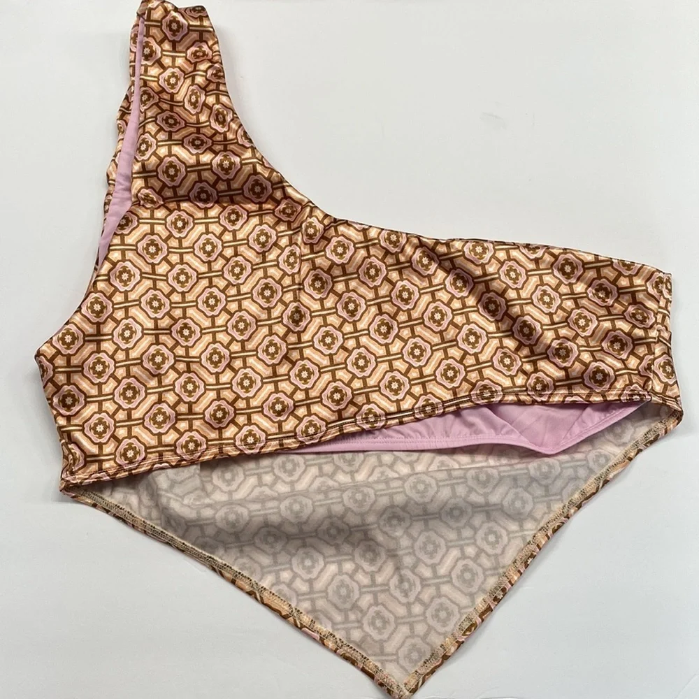 (B29) NEW ASOS DESIGN one shoulder bikini top ONLY in pretty tile print, Size 14